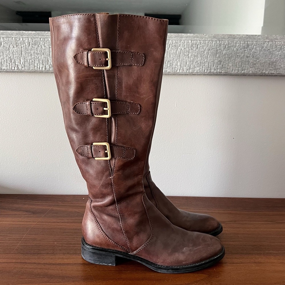 Ecco Leather Tall Riding Boots Brown Buckle Strap Knee High Women's 39 - Picture 2 of 9